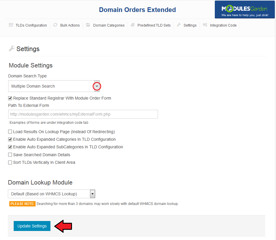 Domain Orders Extended 2.X For WHMCS: Module Settings in Multiple Domain Search mode with Update Settings button