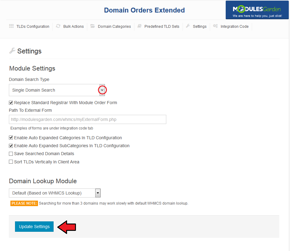 Domain Orders Extended 2.X For WHMCS: Module Settings in Single Domain Search mode with Sort TLDs Vertically option