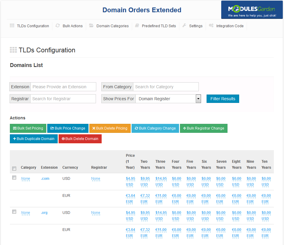Domain Orders Extended 2.X For WHMCS: TLDs Configuration tab with domains list, bulk action buttons and prices