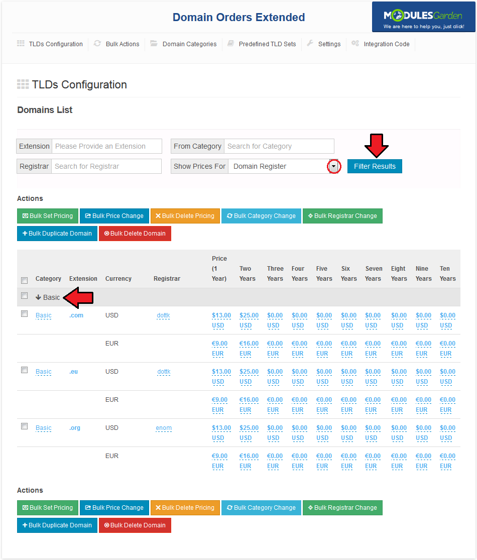 Domain Orders Extended 2.X For WHMCS: TLDs Configuration with Show Prices For menu, Filter Results and Basic category