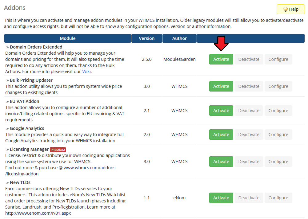 Domain Orders Extended 2.X For WHMCS: WHMCS Addon Modules list with the Activate button for the module