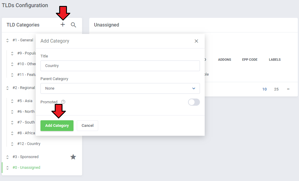 Domain Orders Extended For WHMCS: Add Category dialog with title, parent category and promoted switch