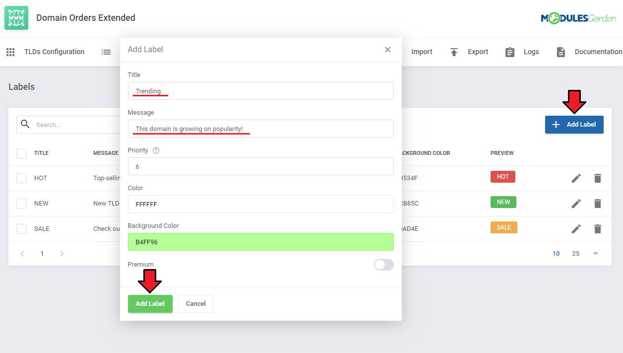 Domain Orders Extended For WHMCS: Add Label dialog in the Labels tab with title, message, priority and color fields
