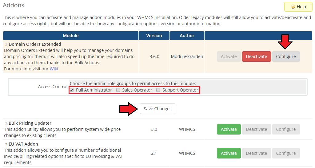 Domain Orders Extended For WHMCS: WHMCS Addon Modules with Configure opened and admin role groups for access control