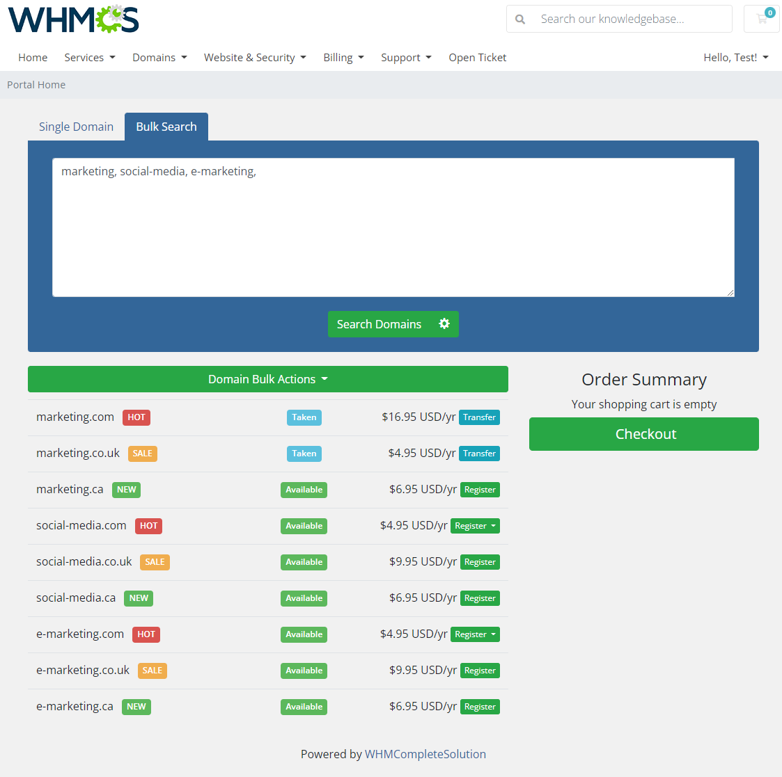 Domain Orders Extended For WHMCS: WHMCS client area Bulk Search tab with several domain names and the results list
