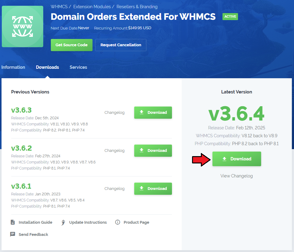 Domain Orders Extended For WHMCS: client area product page, Downloads tab, with the Download button for the latest