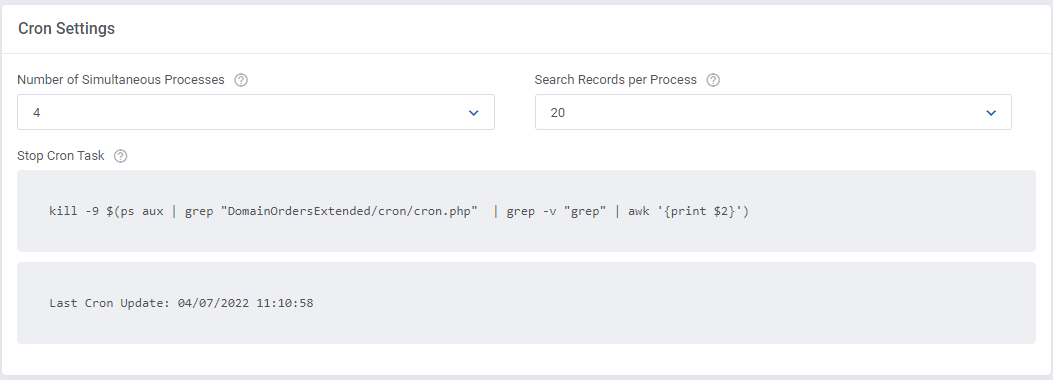 Domain Orders Extended For WHMCS: Cron Settings section with processes, records and stop cron command