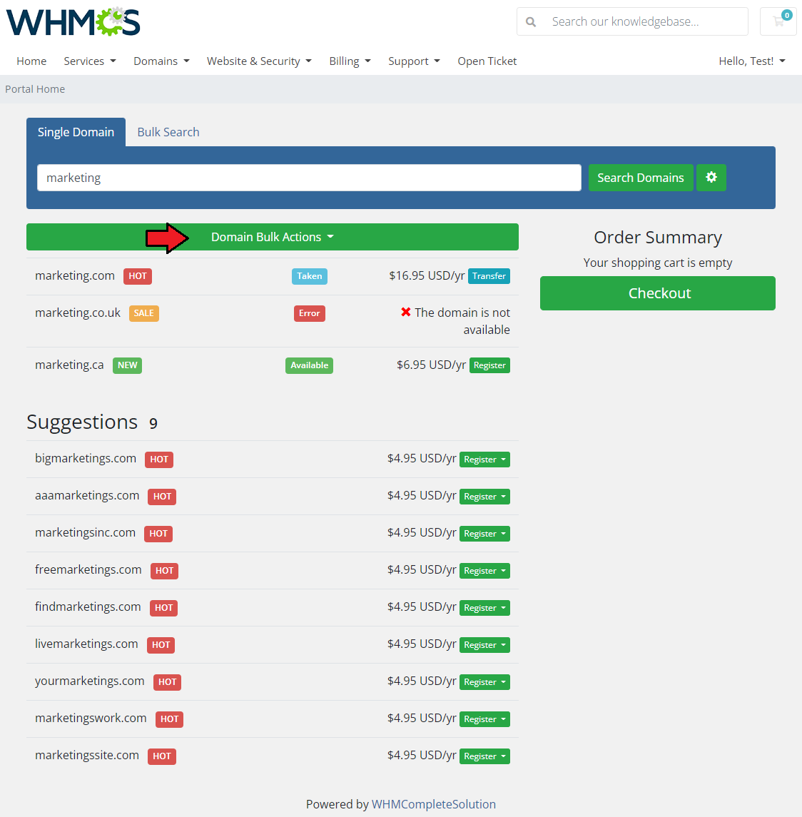 Domain Orders Extended For WHMCS: WHMCS client area search results with the Domain Bulk Actions button marked by a red
