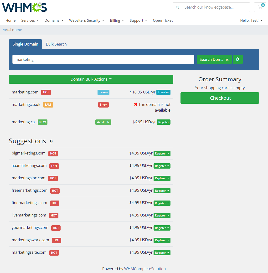 Domain Orders Extended For WHMCS: WHMCS client area domain search results with HOT, SALE and NEW labels next to TLDs