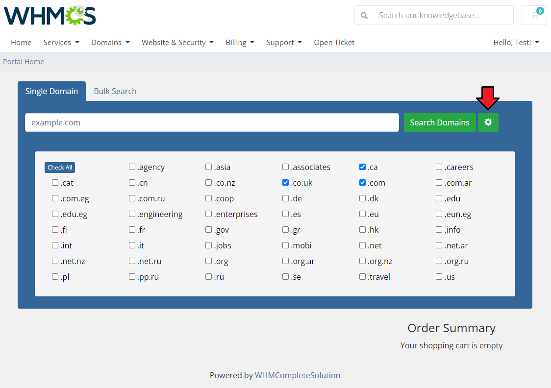 Domain Orders Extended For WHMCS: WHMCS client area domain search with the TLD checkbox list opened by the gear button