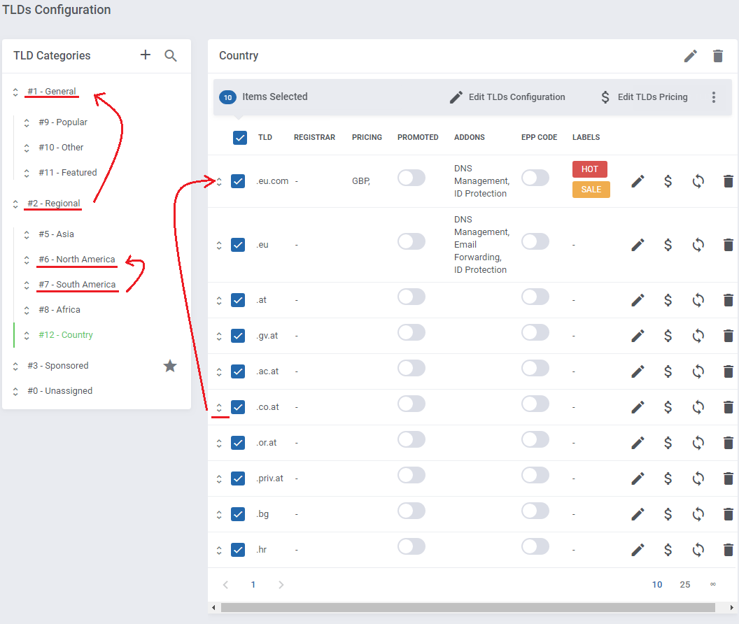 Domain Orders Extended For WHMCS: TLDs Configuration with arrows showing categories and TLDs dragged to a new order