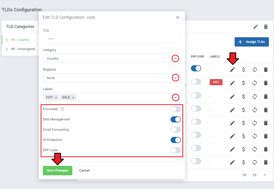 Domain Orders Extended For WHMCS: Edit TLD Configuration dialog with category, registrar, labels and feature switches