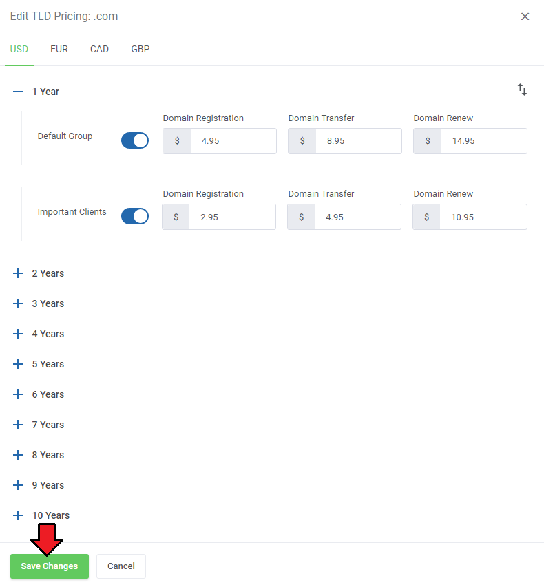 Domain Orders Extended For WHMCS: Edit TLD Pricing dialog for .com with prices per client group