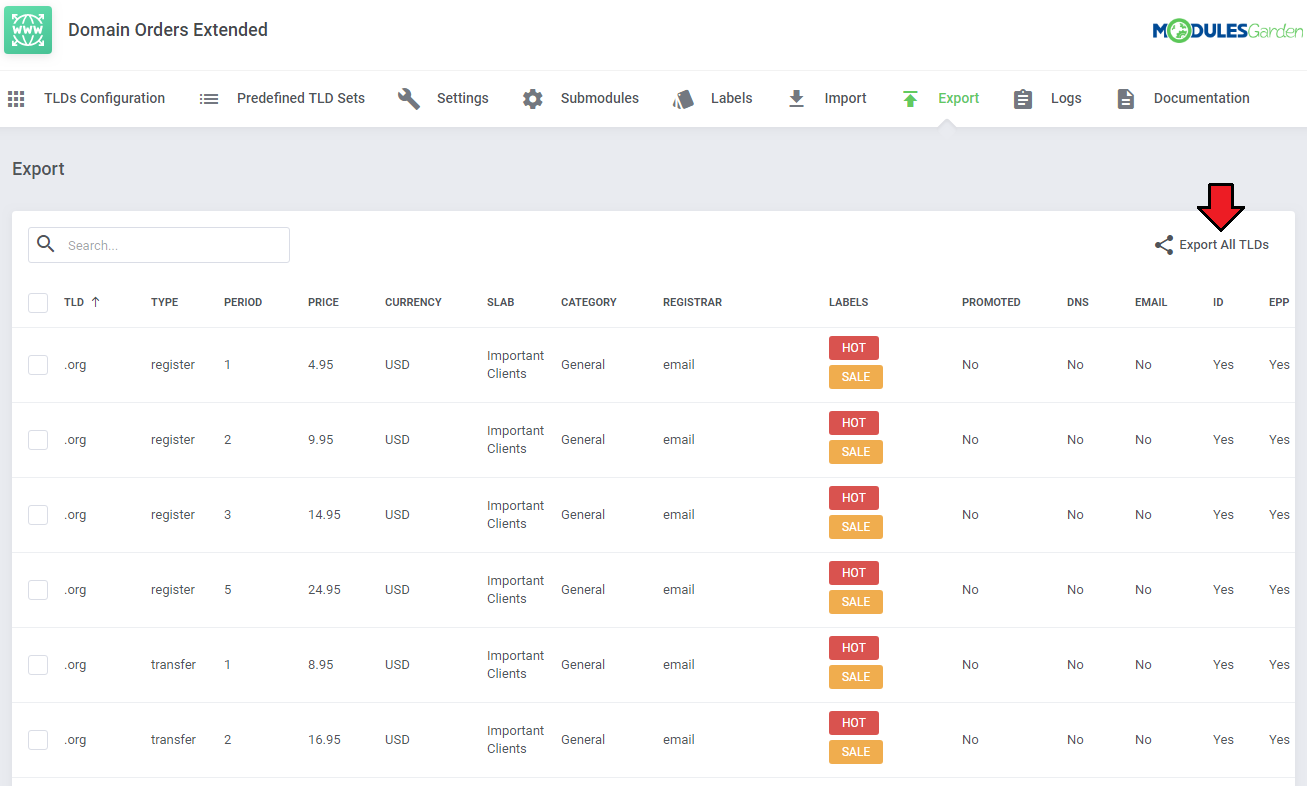 Domain Orders Extended For WHMCS: Export tab with the TLD table and the Export All TLDs button marked by a red arrow