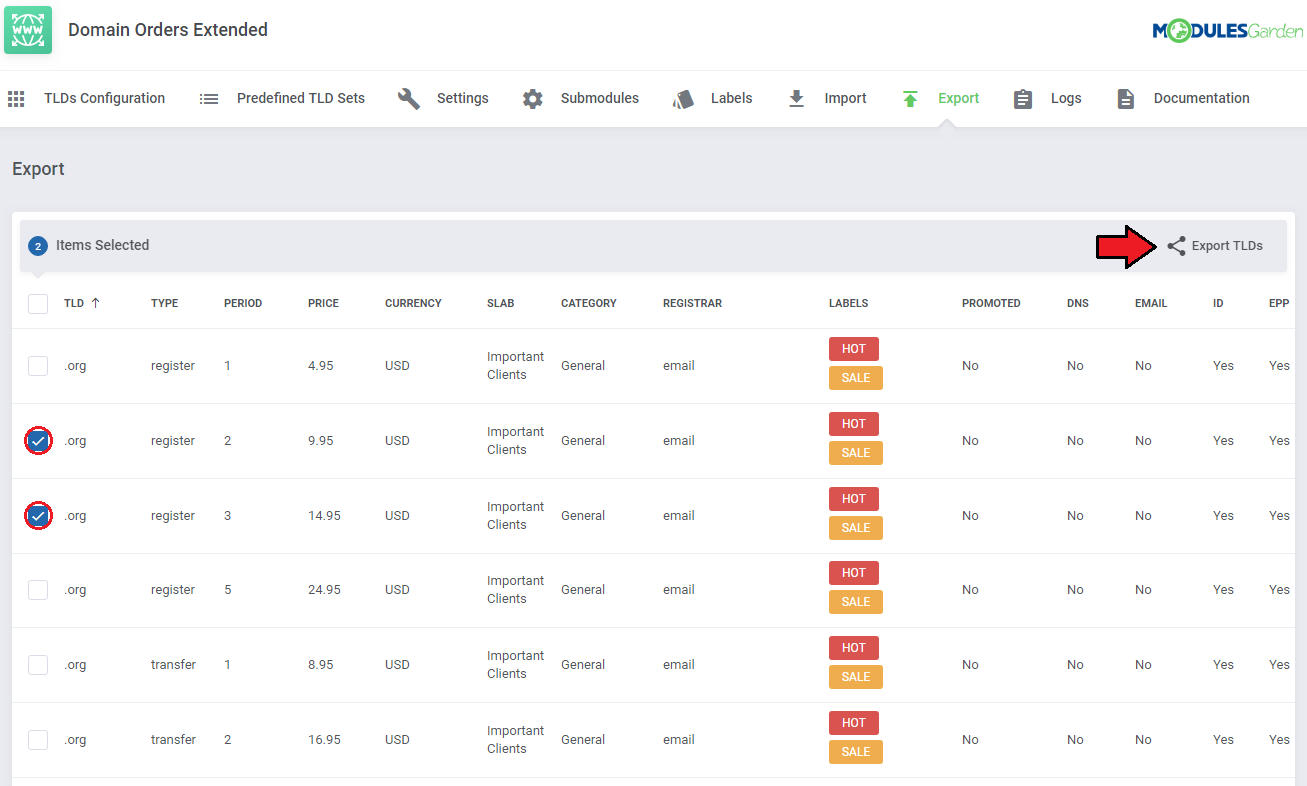Domain Orders Extended For WHMCS: Export tab with two TLDs selected and the Export TLDs mass action button