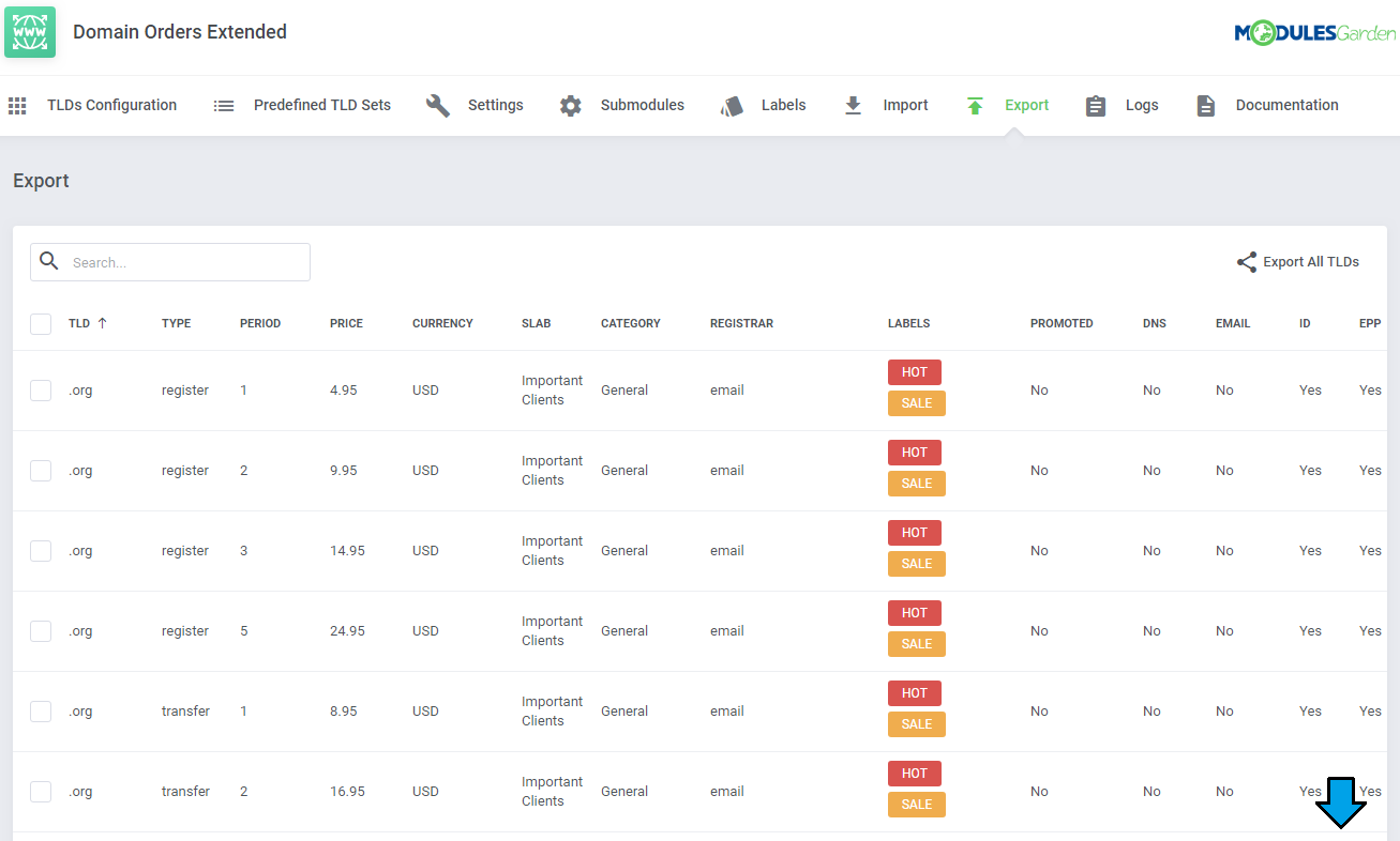 Domain Orders Extended For WHMCS: Export tab with the TLD table and Export All TLDs button