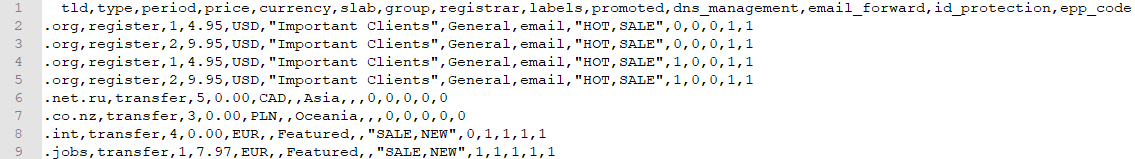 Domain Orders Extended For WHMCS: Exported CSV file content with TLD, type, period, price and label columns