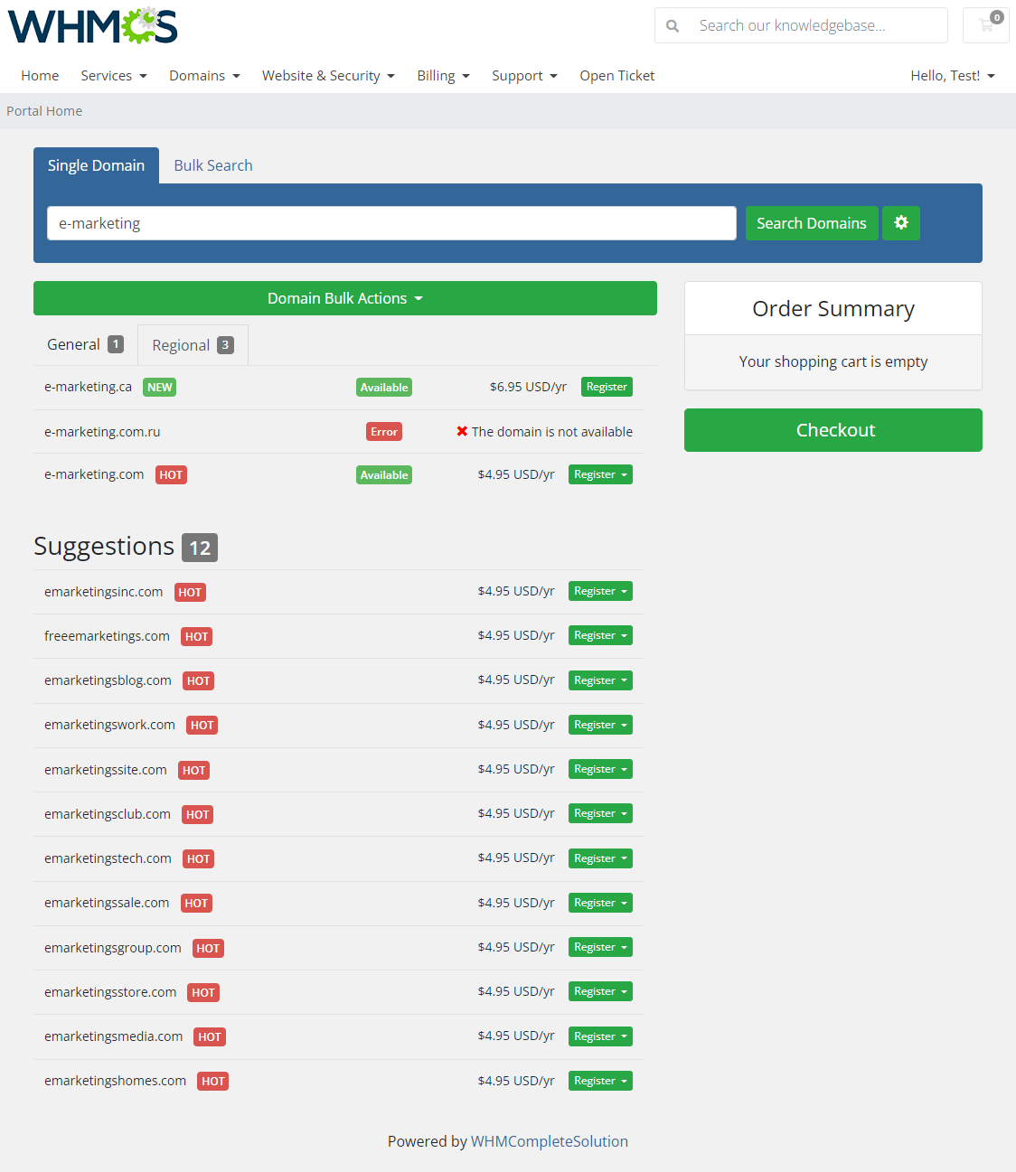 Domain Orders Extended For WHMCS: WHMCS client area General Category View with category tabs, results and suggestions