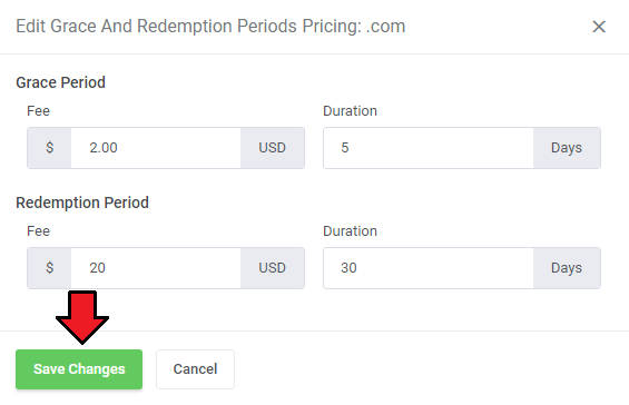 Domain Orders Extended For WHMCS: Edit Grace And Redemption Periods Pricing dialog with fee and duration fields