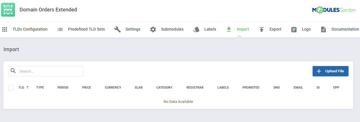 Domain Orders Extended For WHMCS: Import tab with an empty TLD table and the Upload File button