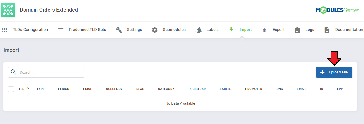 Domain Orders Extended For WHMCS: Import tab with the Upload File button marked by a red arrow