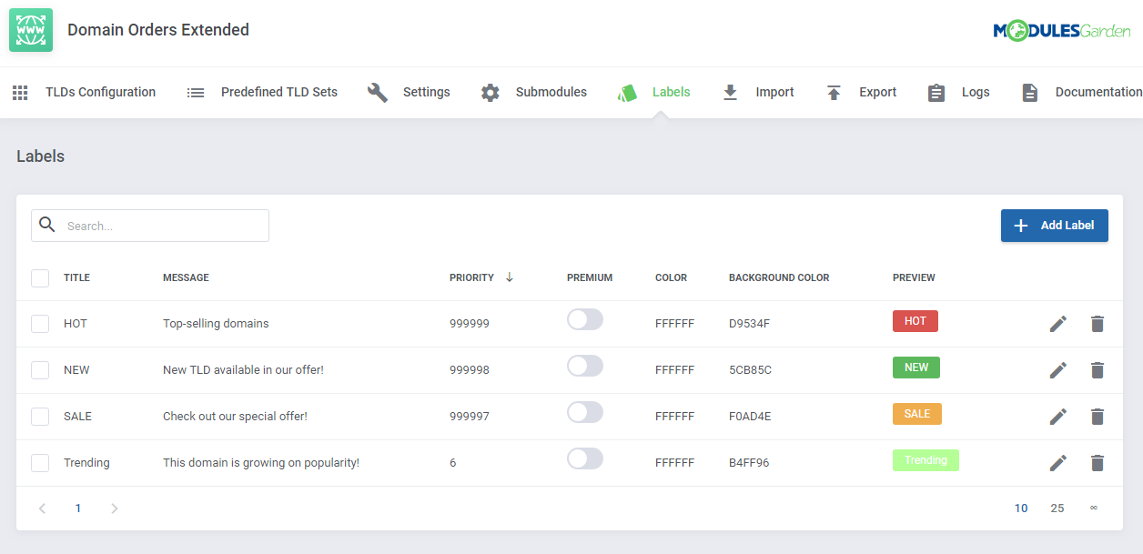 Domain Orders Extended For WHMCS: Labels tab with the list of HOT, NEW, SALE and Trending labels and the Add Label