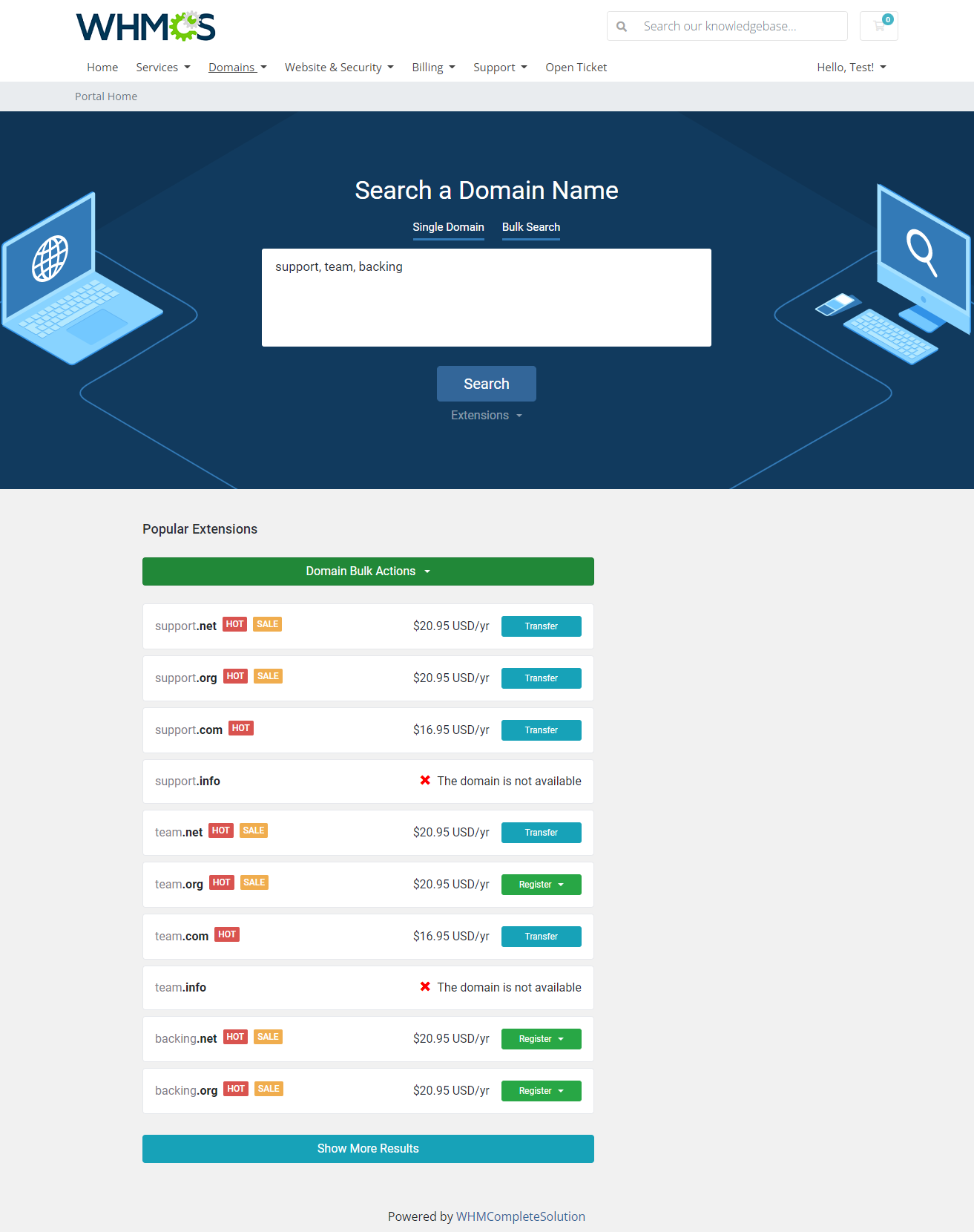 Domain Orders Extended For WHMCS: Lagom theme bulk domain search results with the Show More Results button
