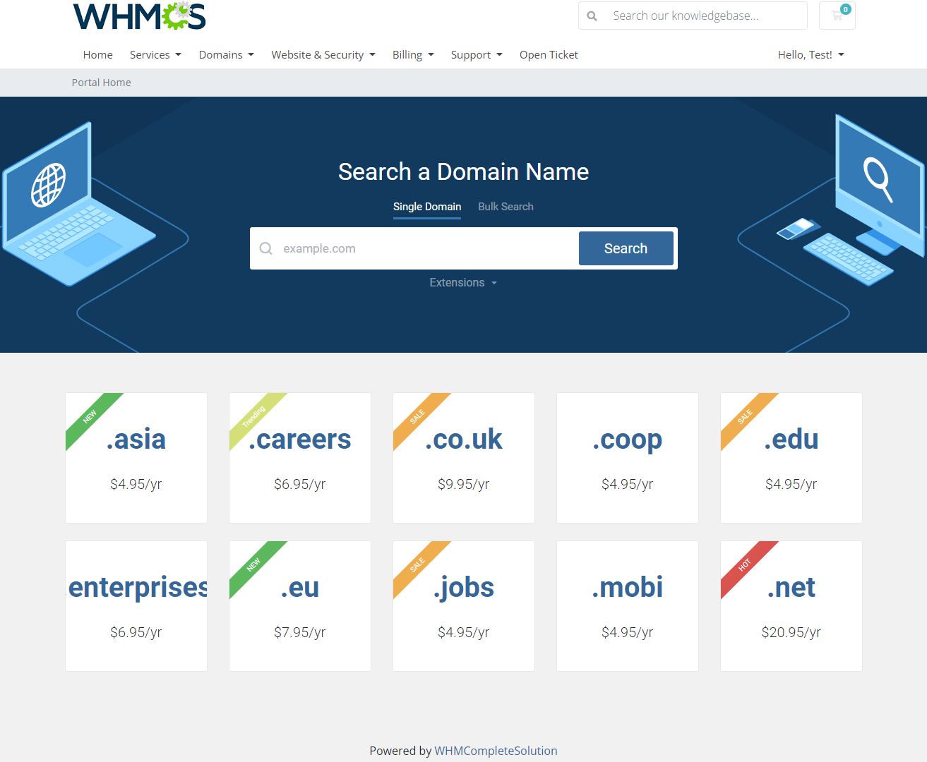 Domain Orders Extended For WHMCS: Lagom theme domain search page with promoted TLD tiles carrying NEW, SALE and HOT
