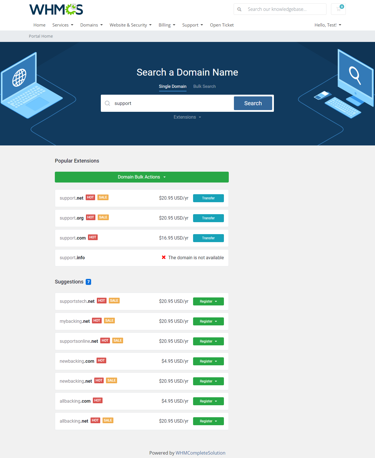 Domain Orders Extended For WHMCS: Lagom theme single domain search results with labels, prices and Domain Bulk Actions