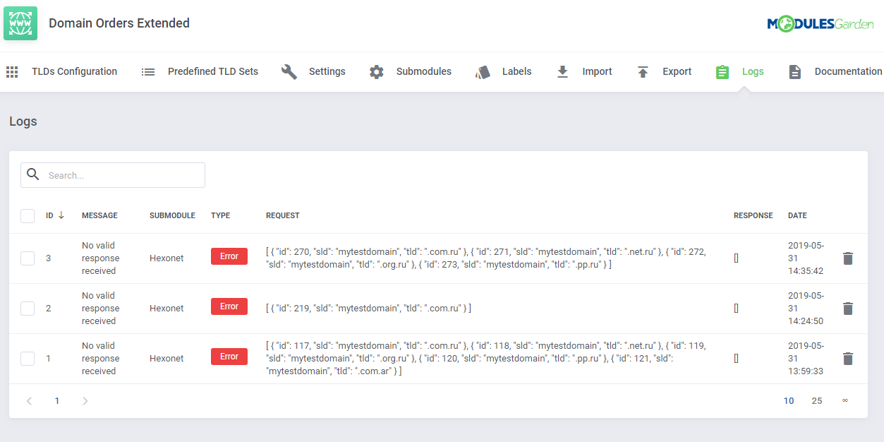 Domain Orders Extended For WHMCS: Logs tab listing submodule errors with request and response data and dates