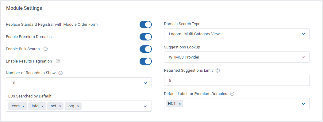 Domain Orders Extended For WHMCS: Module Settings section with search type, premium domains, bulk search and default
