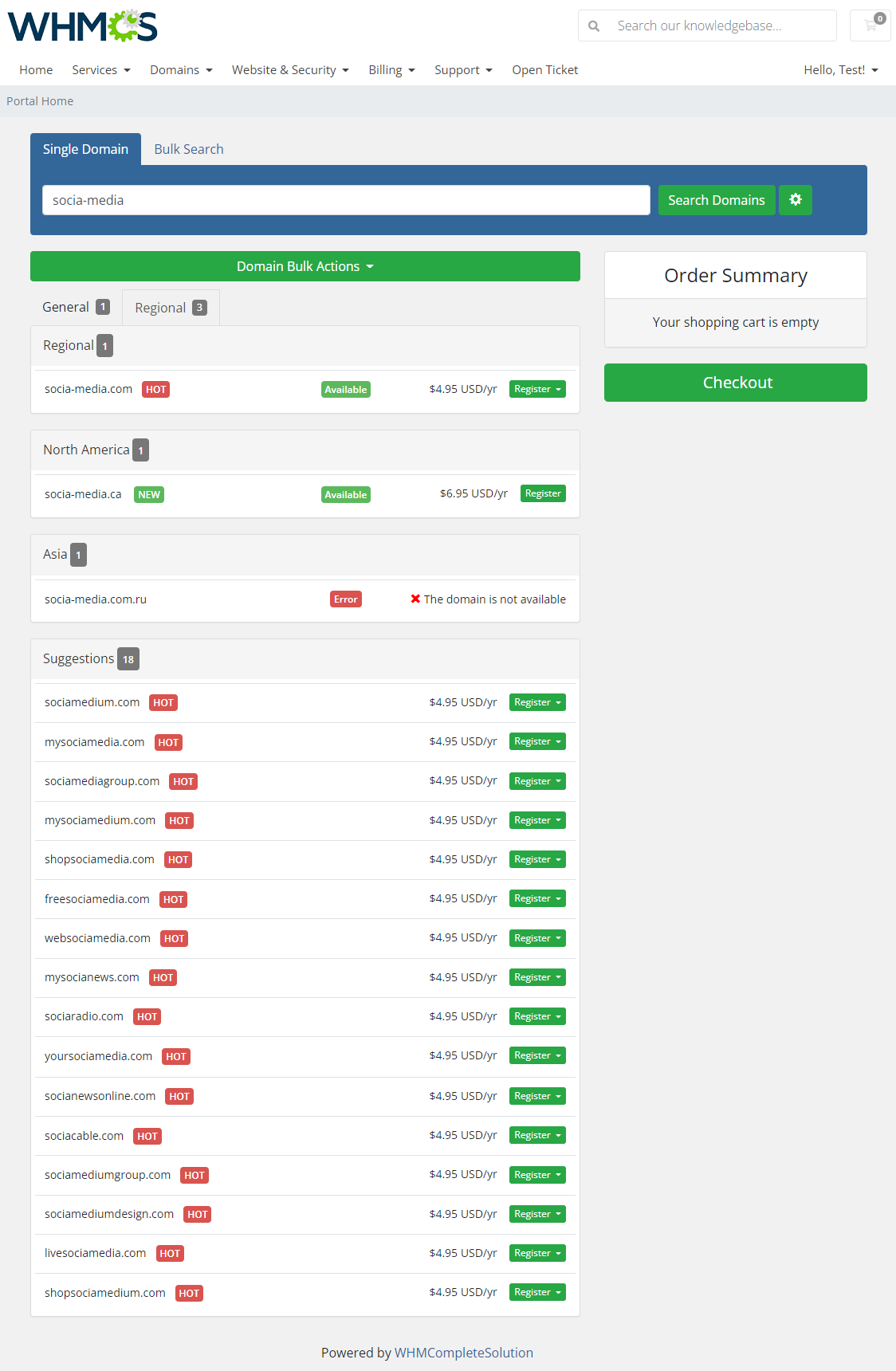 Domain Orders Extended For WHMCS: WHMCS client area Multi Category View with Regional, North America and Asia groups