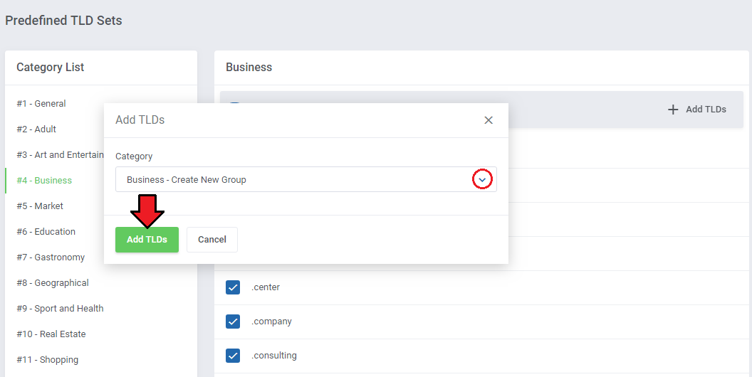 Domain Orders Extended For WHMCS: Add TLDs dialog in Predefined TLD Sets with a category selected from the dropdown