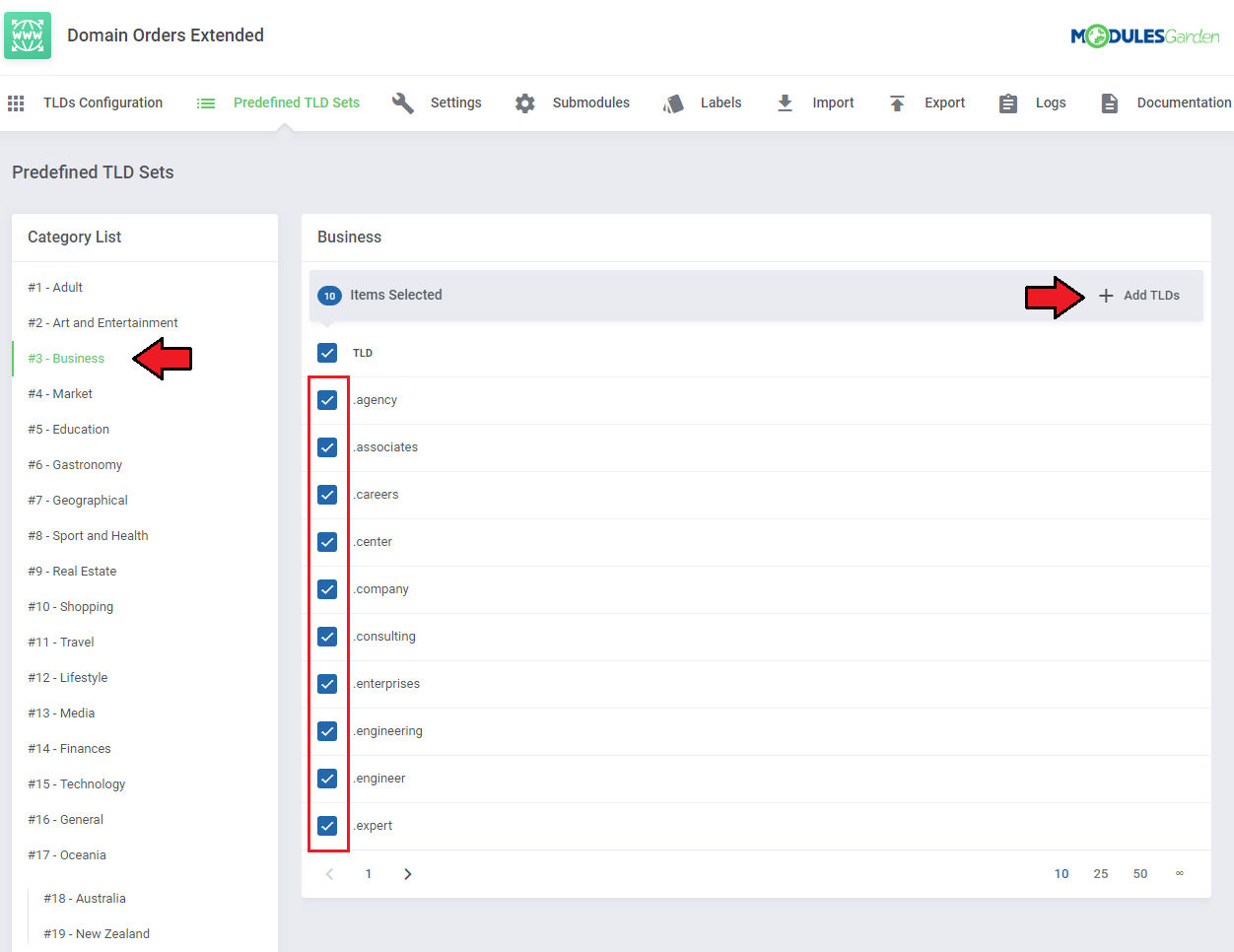 Domain Orders Extended For WHMCS: Predefined TLD Sets with the Business category, all TLDs checked and Add TLDs button