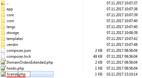 Domain Orders Extended For WHMCS: file manager with license file in the module folder being renamed to license.php