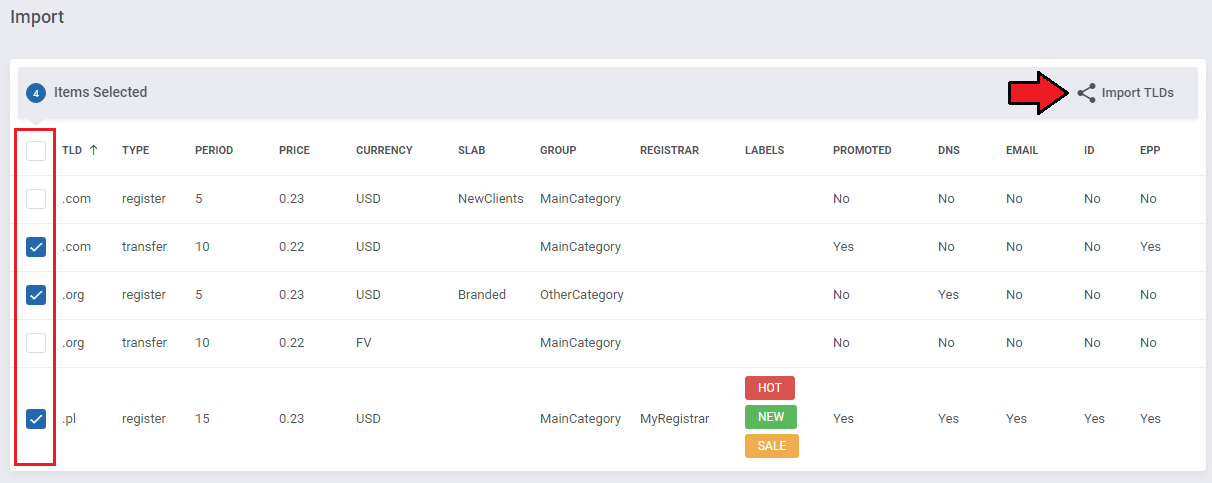 Domain Orders Extended For WHMCS: Import tab with four TLDs selected in the table and the Import TLDs button