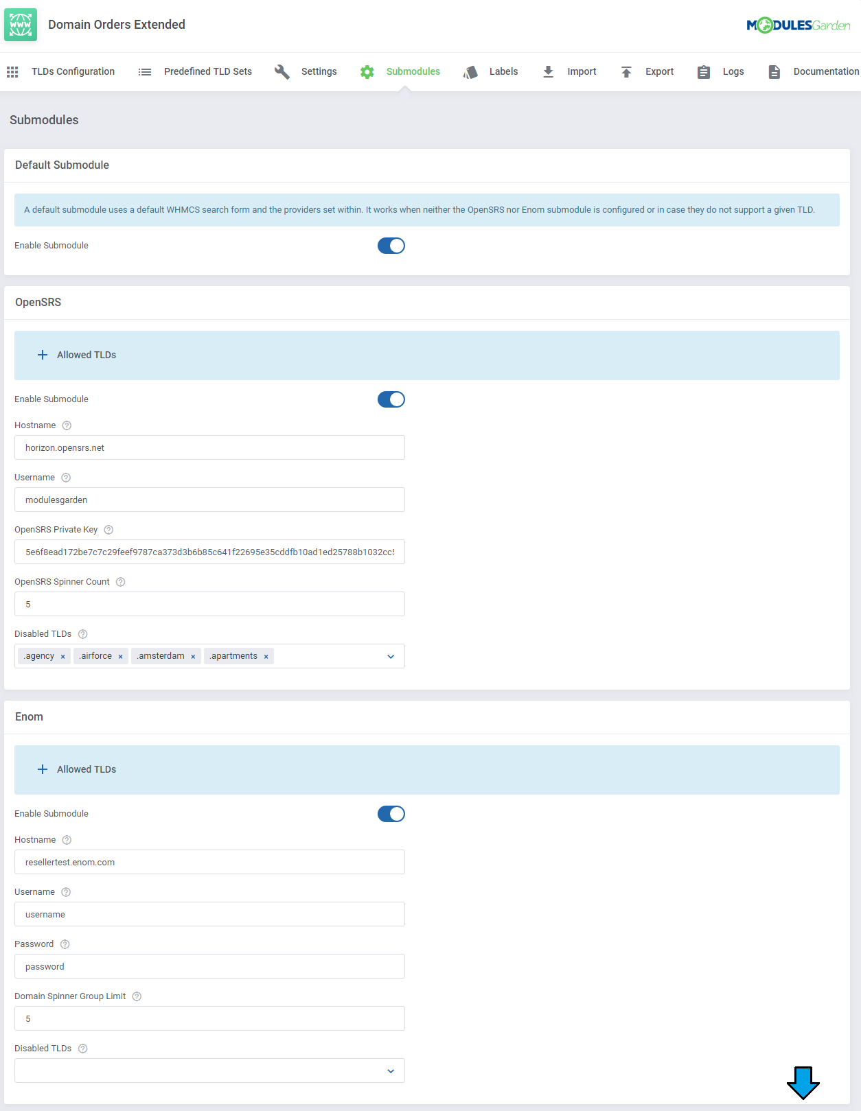 Domain Orders Extended For WHMCS: Submodules tab with the default, OpenSRS and Enom lookup submodule configuration