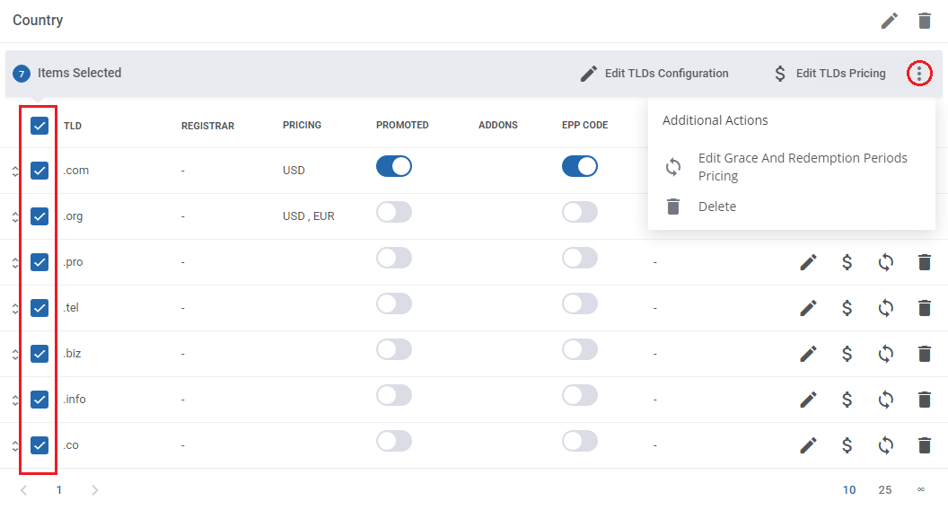 Domain Orders Extended For WHMCS: TLDs list with seven TLDs selected and the Additional Actions menu of bulk actions