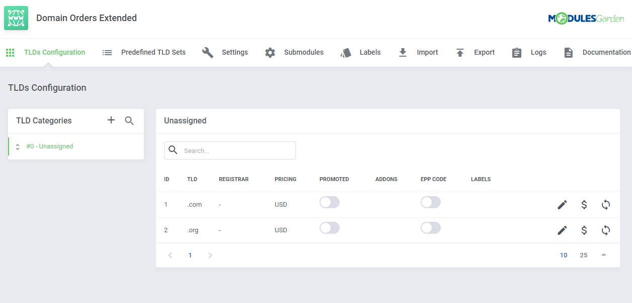 Domain Orders Extended For WHMCS: TLDs Configuration tab with the default Unassigned category and a list of TLDs