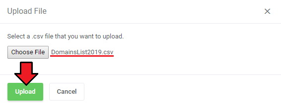 Domain Orders Extended For WHMCS: Upload File dialog with a chosen CSV file and the Upload button