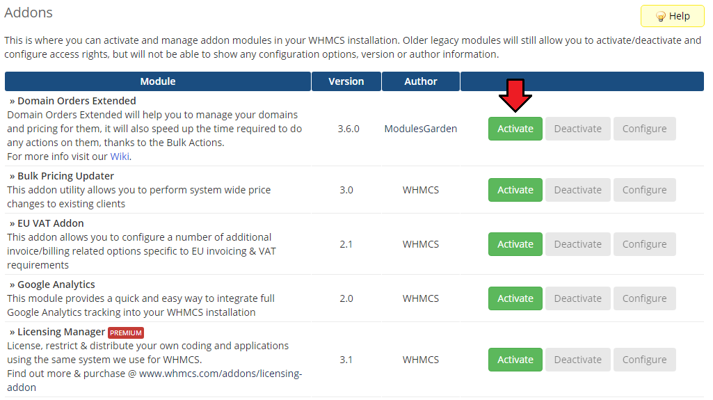 Domain Orders Extended For WHMCS: WHMCS Addon Modules list with the Activate button next to Domain Orders Extended
