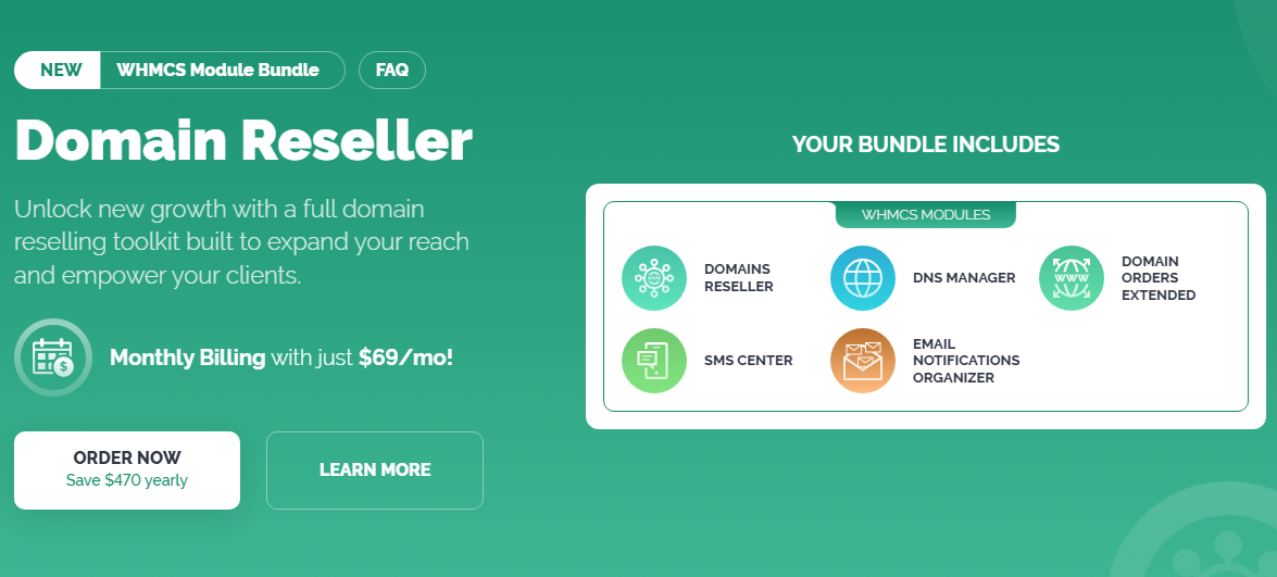 Domain Reseller WHMCS Module Bundle: banner listing the five included WHMCS modules and the monthly price