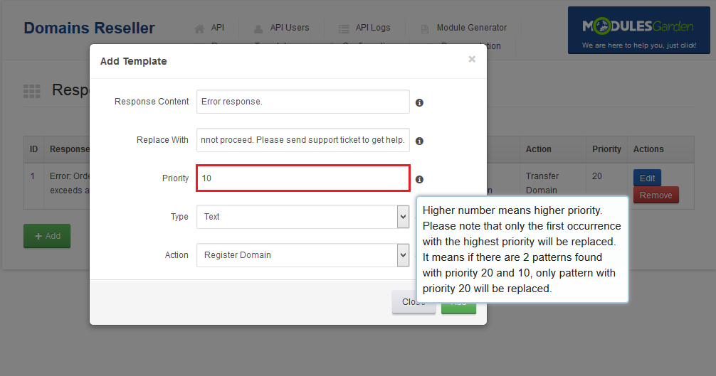 Domains Reseller 1 X For WHMCS: Add Template dialog with the Priority field and its hint