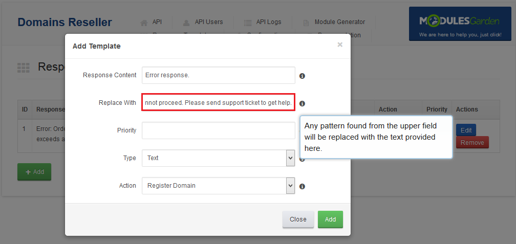 Domains Reseller 1 X For WHMCS: Add Template dialog with the Replace With field and its hint