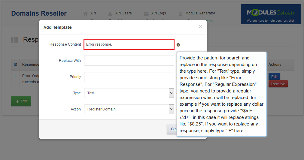 Domains Reseller 1 X For WHMCS: Add Template dialog with the Response Content field and its pattern hint