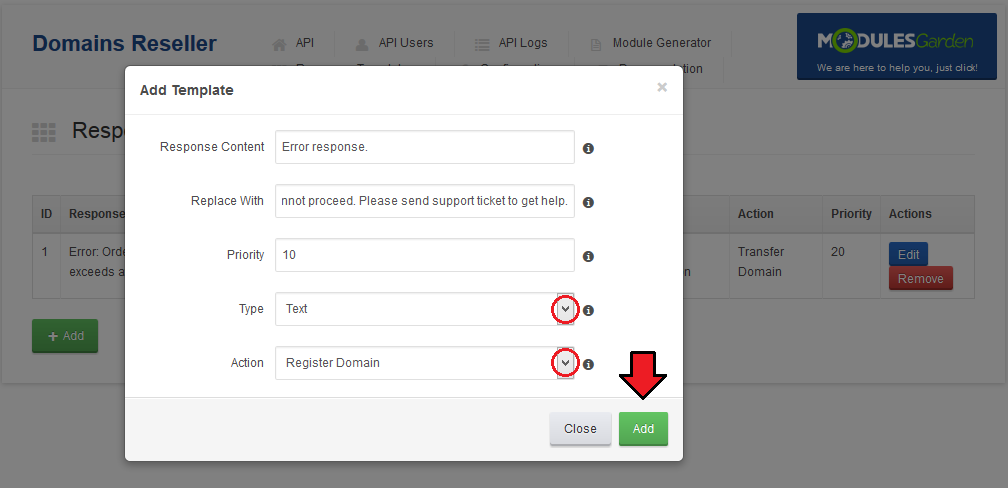 Domains Reseller 1 X For WHMCS: Add Template dialog with Type and Action dropdowns and the Add button