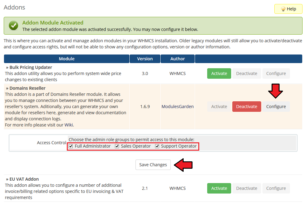 Domains Reseller 1 X For WHMCS: Addon Modules access control roles for Domains Reseller and Save Changes