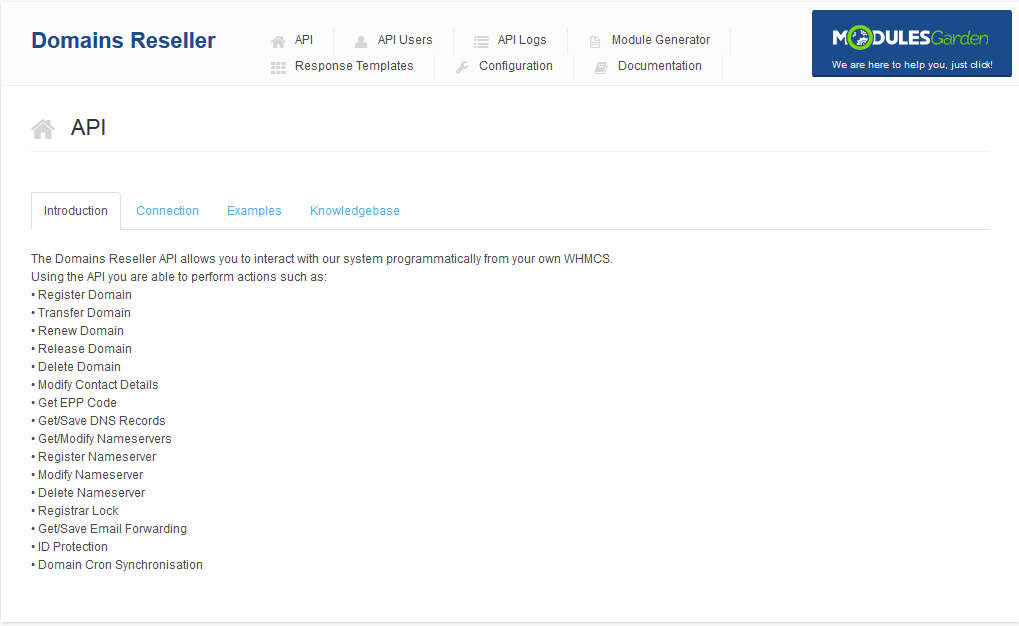 Domains Reseller 1 X For WHMCS: Domains Reseller addon API page with the Introduction tab and the list of supported
