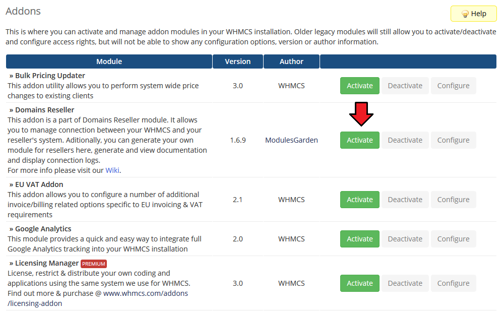 Domains Reseller 1 X For WHMCS: WHMCS admin Addon Modules list with the Activate button next to Domains Reseller