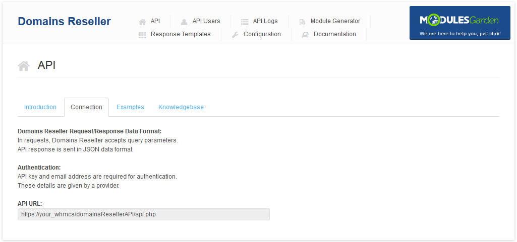 Domains Reseller 1 X For WHMCS: API Connection subtab with request and response data format, authentication and API URL